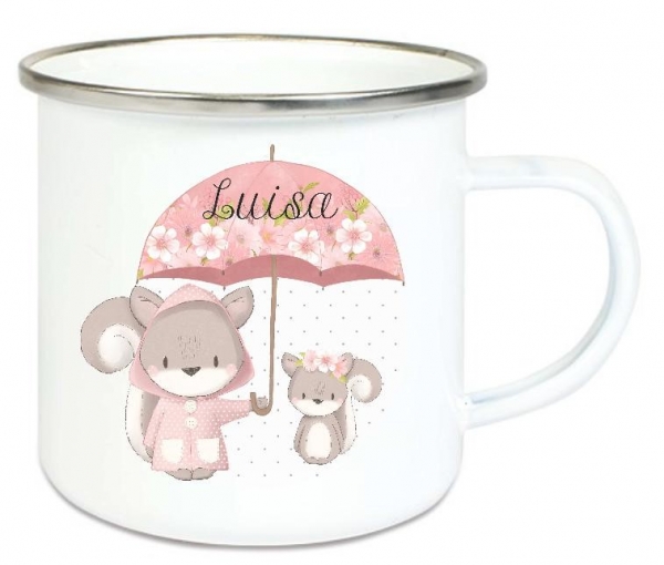 ♥ zauberhafte Tasse Emailletasse Regenschirm Blumen Eichhörnchen, Name, Wunschname, KITA Kindergarten, Einschulung, Dankeschön, Abschied, Jubiläum, Geschenk, Becher von Lüttentüddel